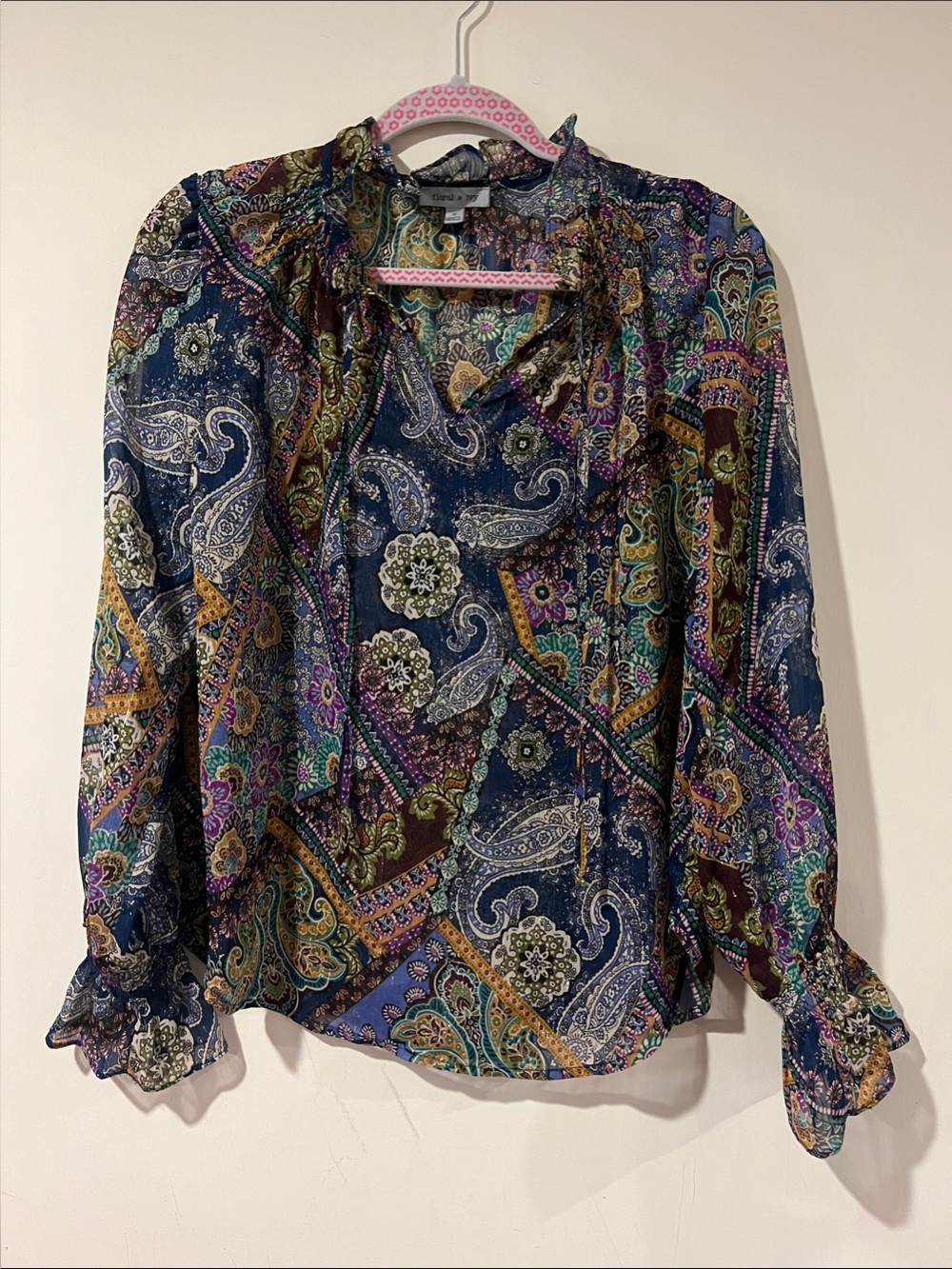 Navy Multi Paisley Tie-Neck Blouse